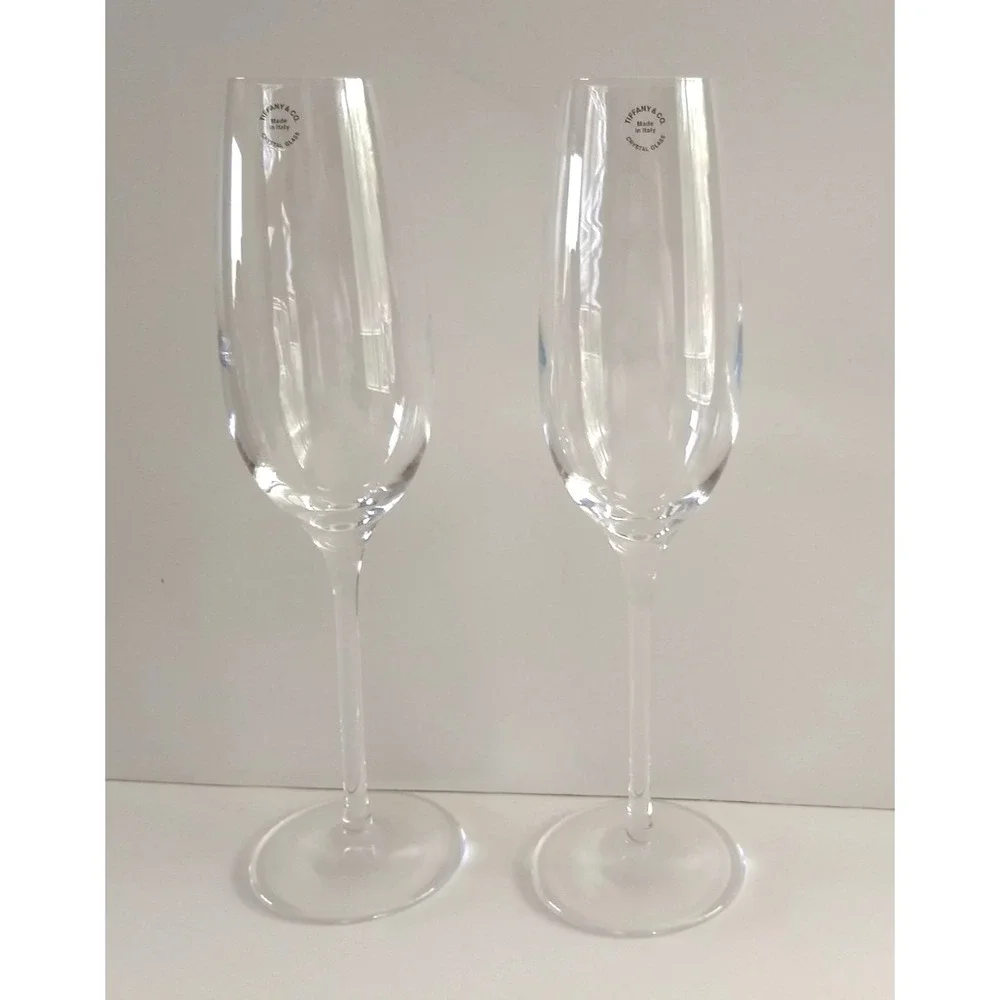 Tiffany & Co Crystal Champagne Flutes Pair Made In Italy Signed w/ Sticker NWOT